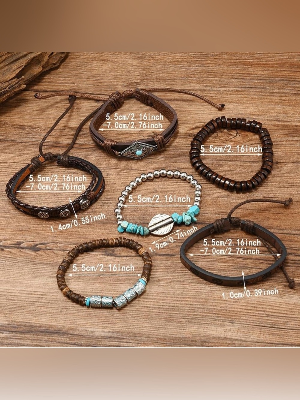 🌙✨6ps Boho Layered Brown Leather Bracelet Stack with Turquoise Accents - Picture 4 of 5